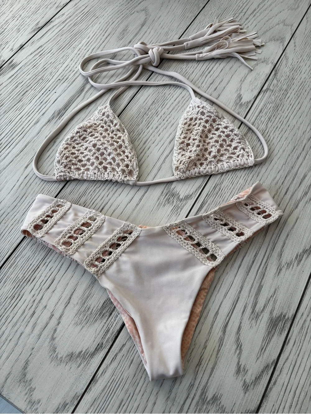 acacia swimwear Cream Crochet Triangle Bikini with Cutout Detail